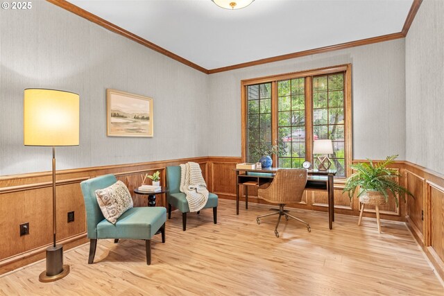 1739 Palisades Terrace Dr, Lake Oswego, OR 97034 - office featuring ornamental molding, light wood-style flooring, a wainscoted wall, and wooden walls