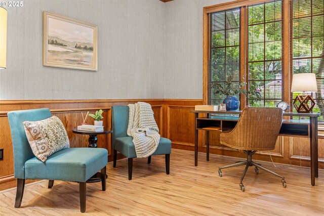 1739 Palisades Terrace Dr, Lake Oswego, OR 97034 - living area featuring healthy amount of natural light, wood finished floors, a wainscoted wall, and wood walls