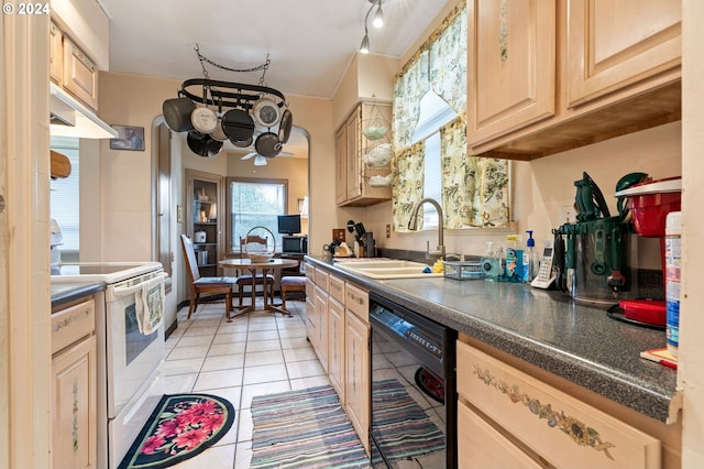 kitchen with black dishwasher, light tile patterned floors, white electric range, light brown cabinetry, and sink