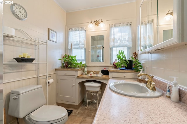 bathroom featuring toilet, plenty of natural light, sink, and crown molding