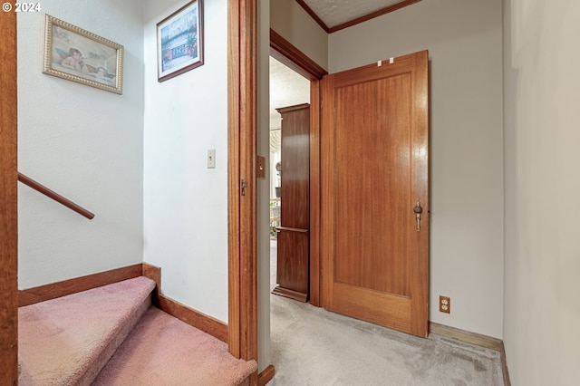 corridor with light carpet, a textured ceiling, and crown molding