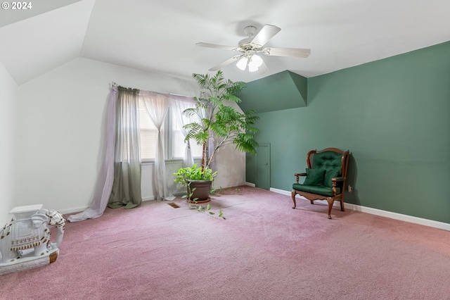 living area with lofted ceiling, carpet, and ceiling fan