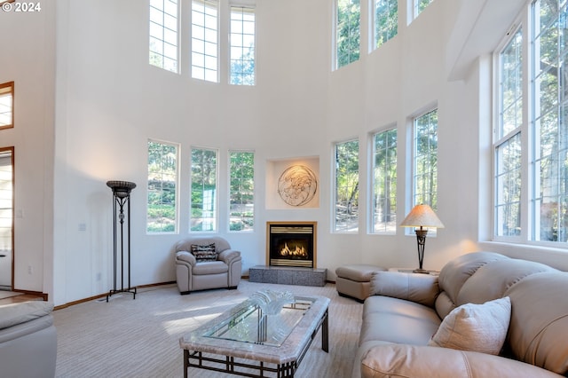 carpeted living room featuring a high ceiling and a wealth of natural light