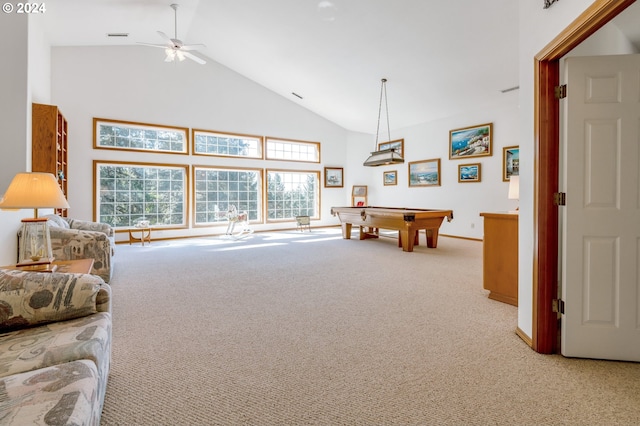 playroom with high vaulted ceiling, pool table, ceiling fan, and light colored carpet