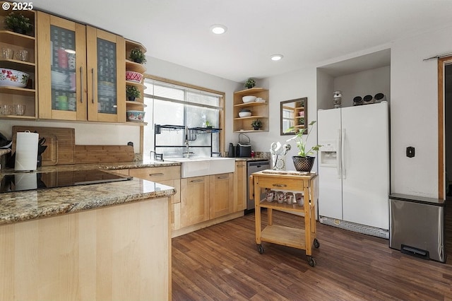 kitchen with black electric stovetop, stainless steel dishwasher, light stone counters, dark hardwood / wood-style floors, and white fridge with ice dispenser