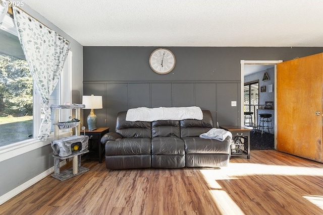 living room with hardwood / wood-style floors and a textured ceiling