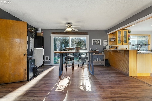 dining room with ceiling fan, dark wood-type flooring, and a textured ceiling