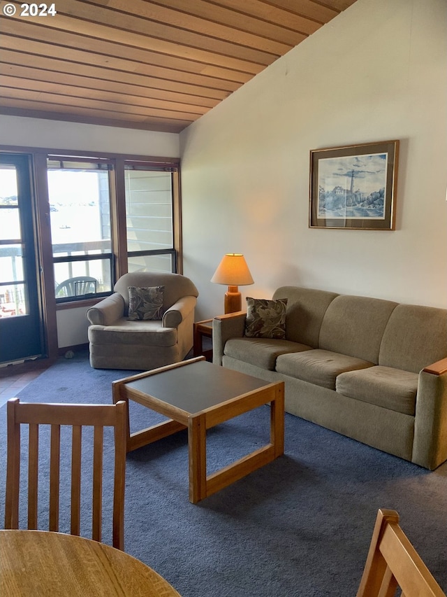 carpeted living room featuring wooden ceiling and vaulted ceiling