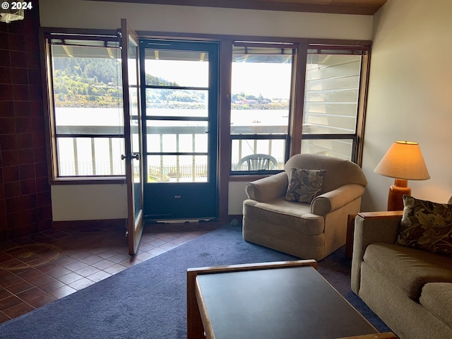 living room with carpet and tile patterned floors