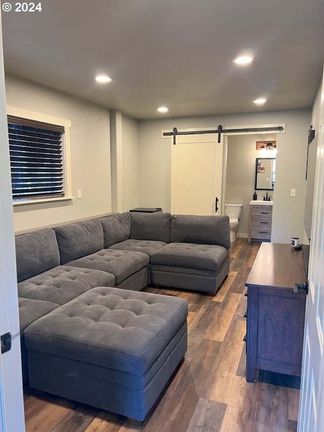 living room with a barn door and dark hardwood / wood-style flooring