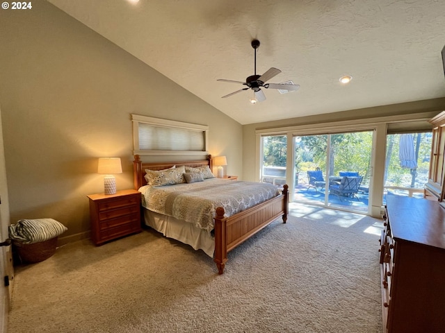 carpeted bedroom featuring ceiling fan, lofted ceiling, a textured ceiling, and access to outside