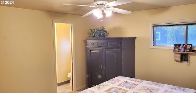 bedroom featuring connected bathroom and ceiling fan