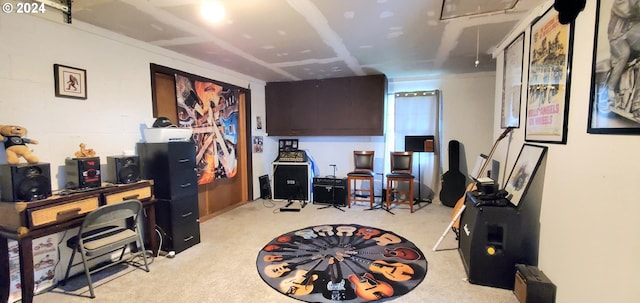 game room featuring light colored carpet