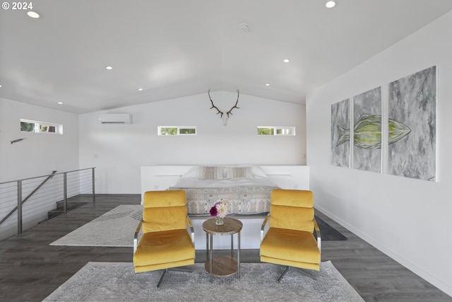 interior space featuring an AC wall unit, a wealth of natural light, vaulted ceiling, and dark hardwood / wood-style floors