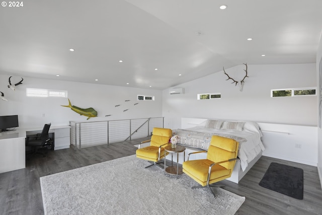 bedroom with dark wood-type flooring and vaulted ceiling