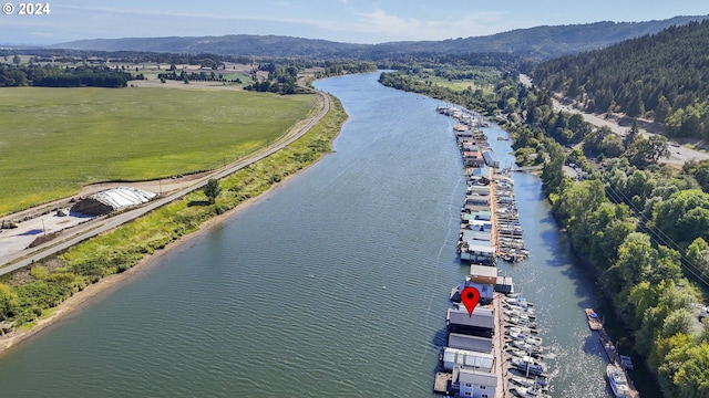 birds eye view of property with a water and mountain view