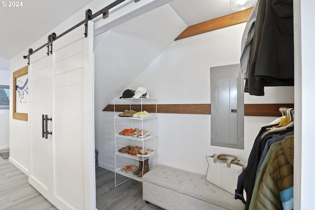 spacious closet with electric panel, light hardwood / wood-style flooring, and a barn door