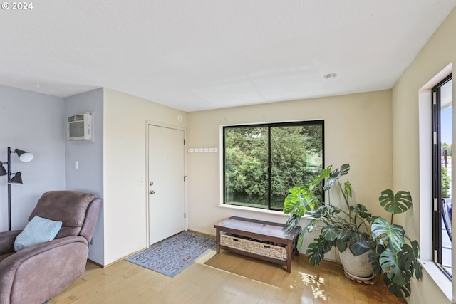 interior space featuring a wall mounted air conditioner and light hardwood / wood-style flooring