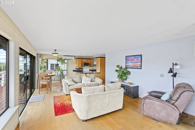 living room featuring a wall mounted AC and light wood-type flooring