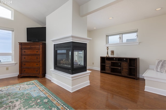 living room with high vaulted ceiling, wood-type flooring, and a multi sided fireplace