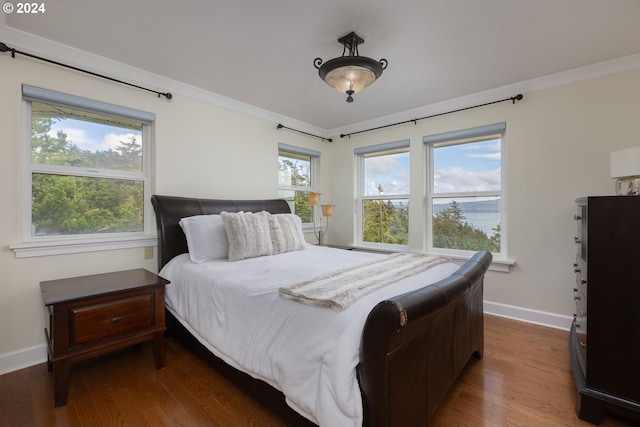 bedroom with crown molding, dark hardwood / wood-style flooring, and a water view