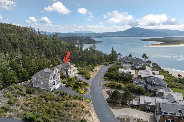 birds eye view of property with a water and mountain view