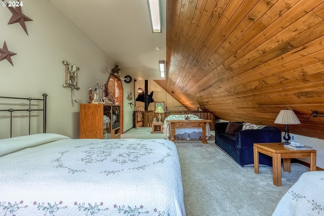 carpeted bedroom featuring wooden ceiling and vaulted ceiling