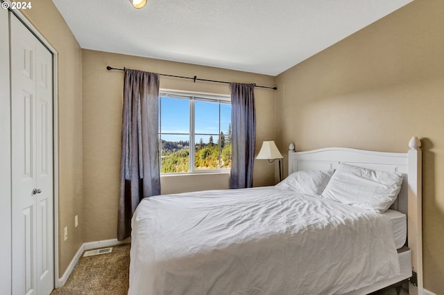 carpeted bedroom featuring a closet and a textured ceiling