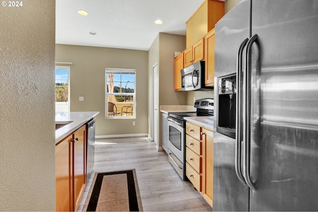 kitchen with light hardwood / wood-style flooring and stainless steel appliances