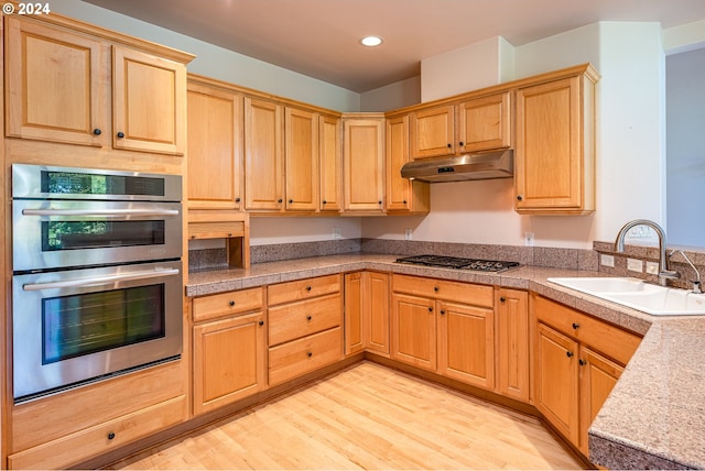 kitchen with recessed lighting, light wood finished floors, under cabinet range hood, stainless steel appliances, and a sink