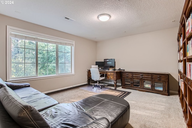 carpeted office space with a textured ceiling, visible vents, and baseboards