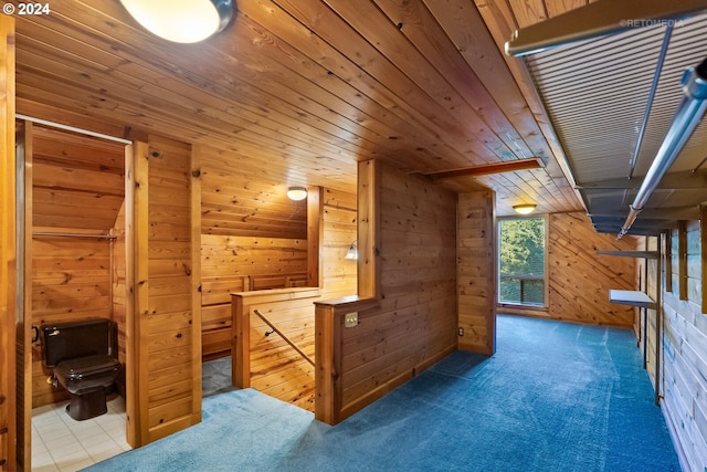 additional living space featuring carpet floors and wood walls