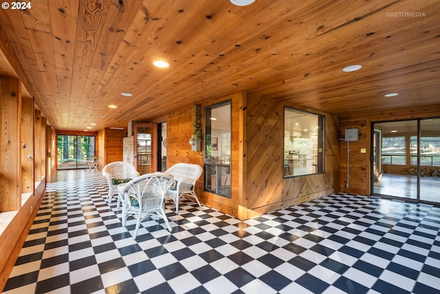 interior space with wooden ceiling and wooden walls