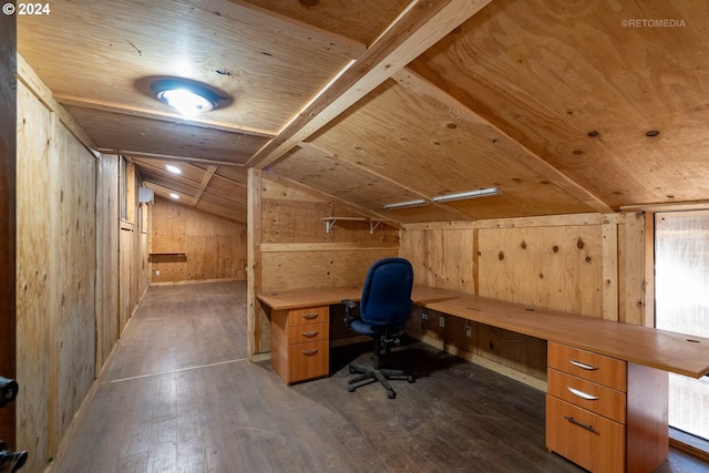 unfurnished office with wood ceiling, wood walls, built in desk, dark hardwood / wood-style floors, and vaulted ceiling