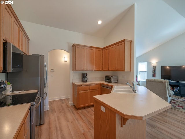 kitchen with arched walkways, lofted ceiling, appliances with stainless steel finishes, a peninsula, and a sink