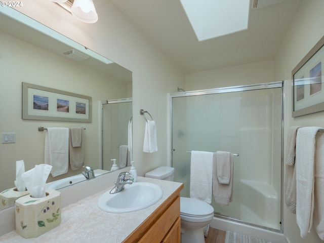 full bath with toilet, a stall shower, vanity, and visible vents