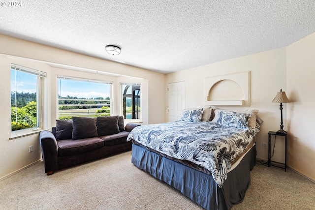 carpeted bedroom with a textured ceiling