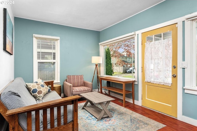 living area with hardwood / wood-style floors