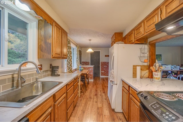 kitchen with ventilation hood, sink, pendant lighting, light hardwood / wood-style flooring, and black electric range