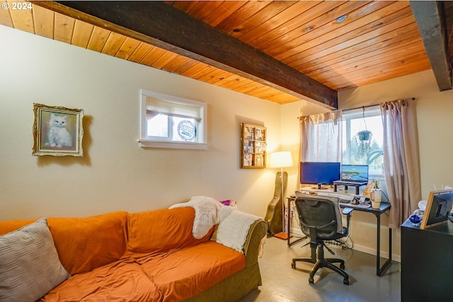 office area featuring beamed ceiling and wooden ceiling