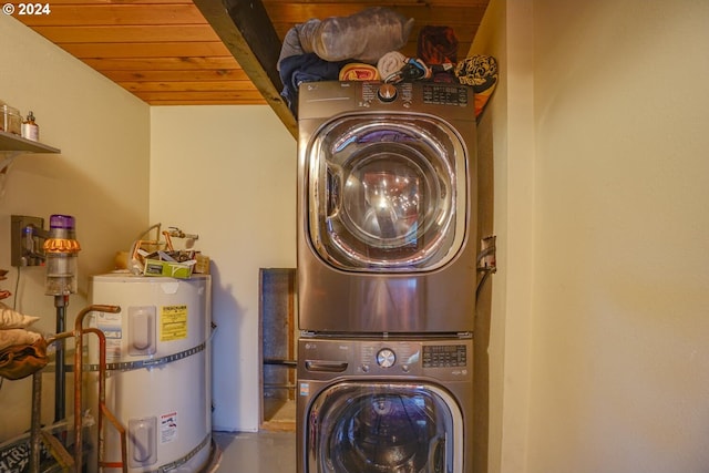 washroom with stacked washer / dryer, water heater, and wooden ceiling