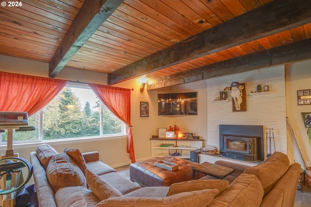 living room featuring a wood stove, beamed ceiling, and wood ceiling