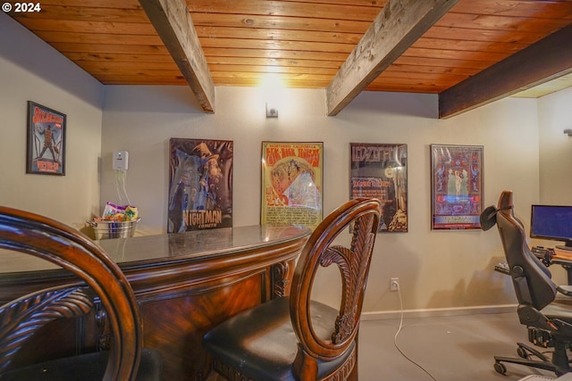 bar featuring beamed ceiling and wood ceiling