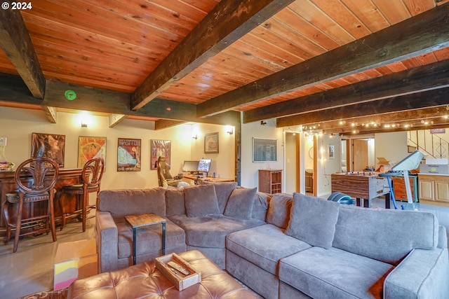 living room with beam ceiling, indoor bar, and wood ceiling