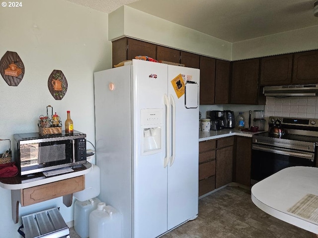 kitchen with black / electric stove, dark brown cabinets, white refrigerator with ice dispenser, and ventilation hood