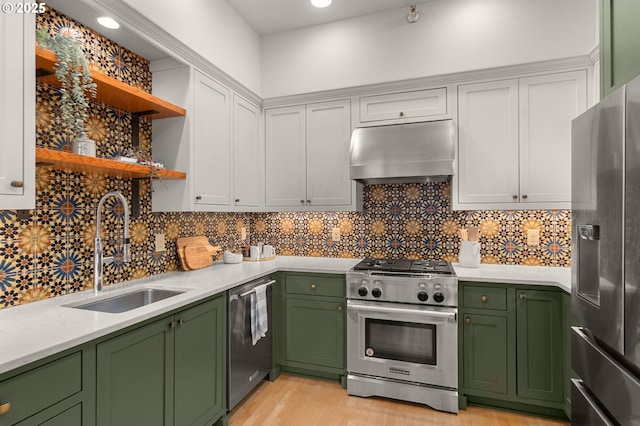 kitchen with sink, stainless steel appliances, white cabinets, and green cabinets