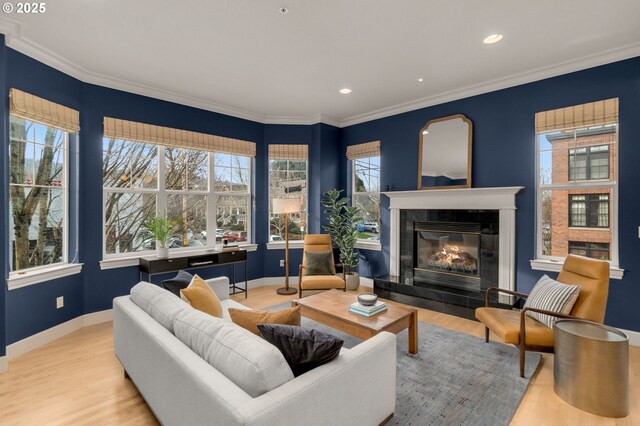 living room featuring hardwood / wood-style floors and ornamental molding