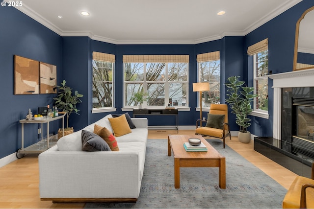 living room featuring crown molding, a wealth of natural light, and a fireplace