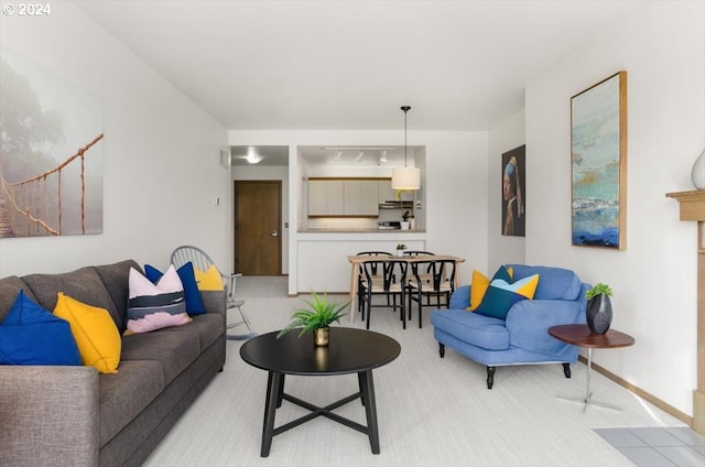 living room featuring light colored carpet