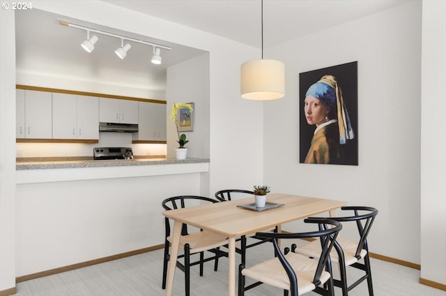 carpeted dining room featuring track lighting